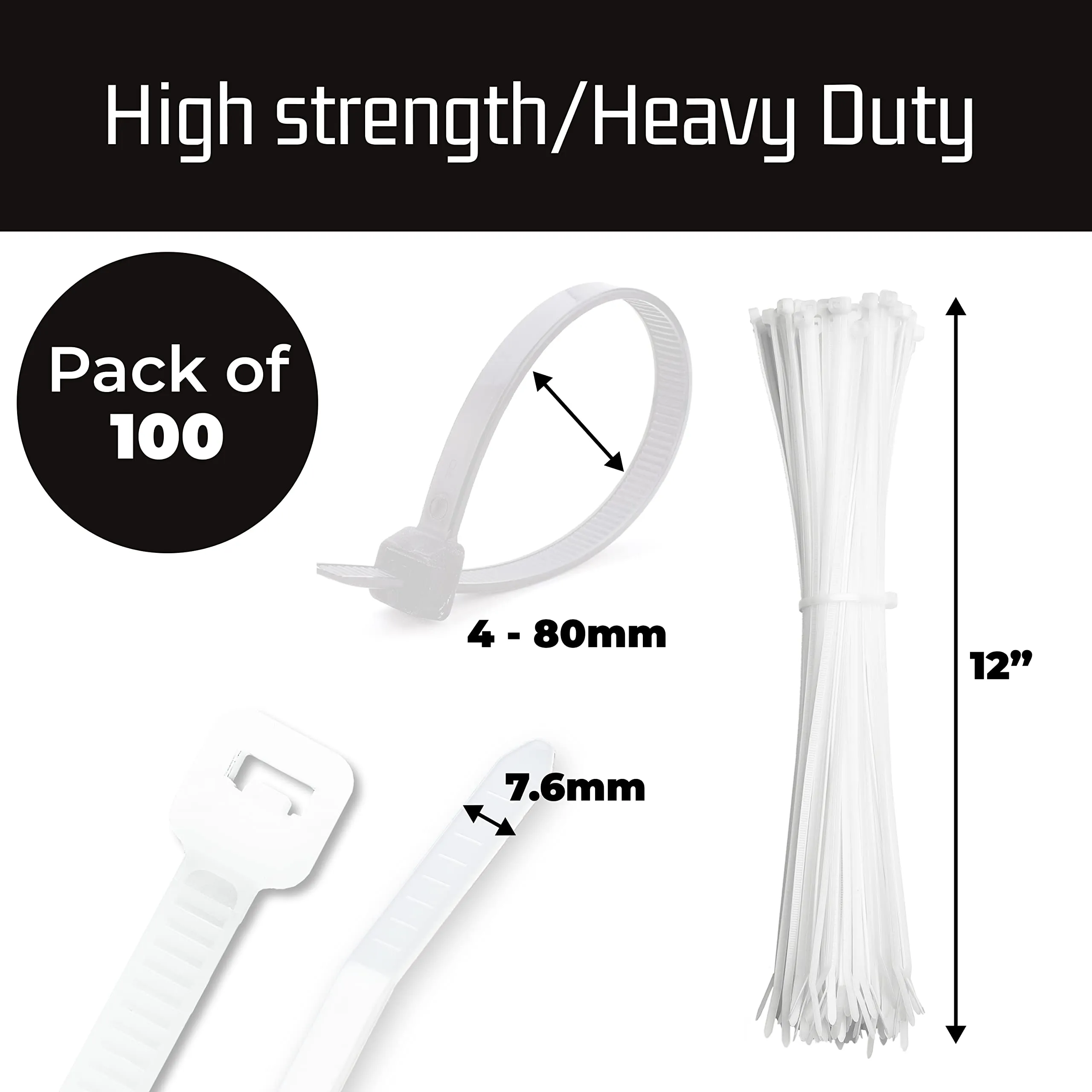 12 Inch Zip Cable Ties (100 Pack), 120Lbs Tensile Strength - Heavy Duty White