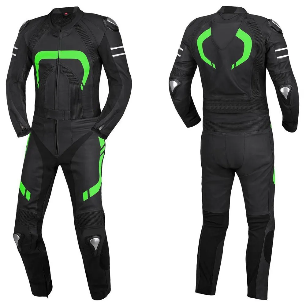 2 PC MEN GREEN AND BLACK MOTORCYCLE LEATHER RACING SUIT