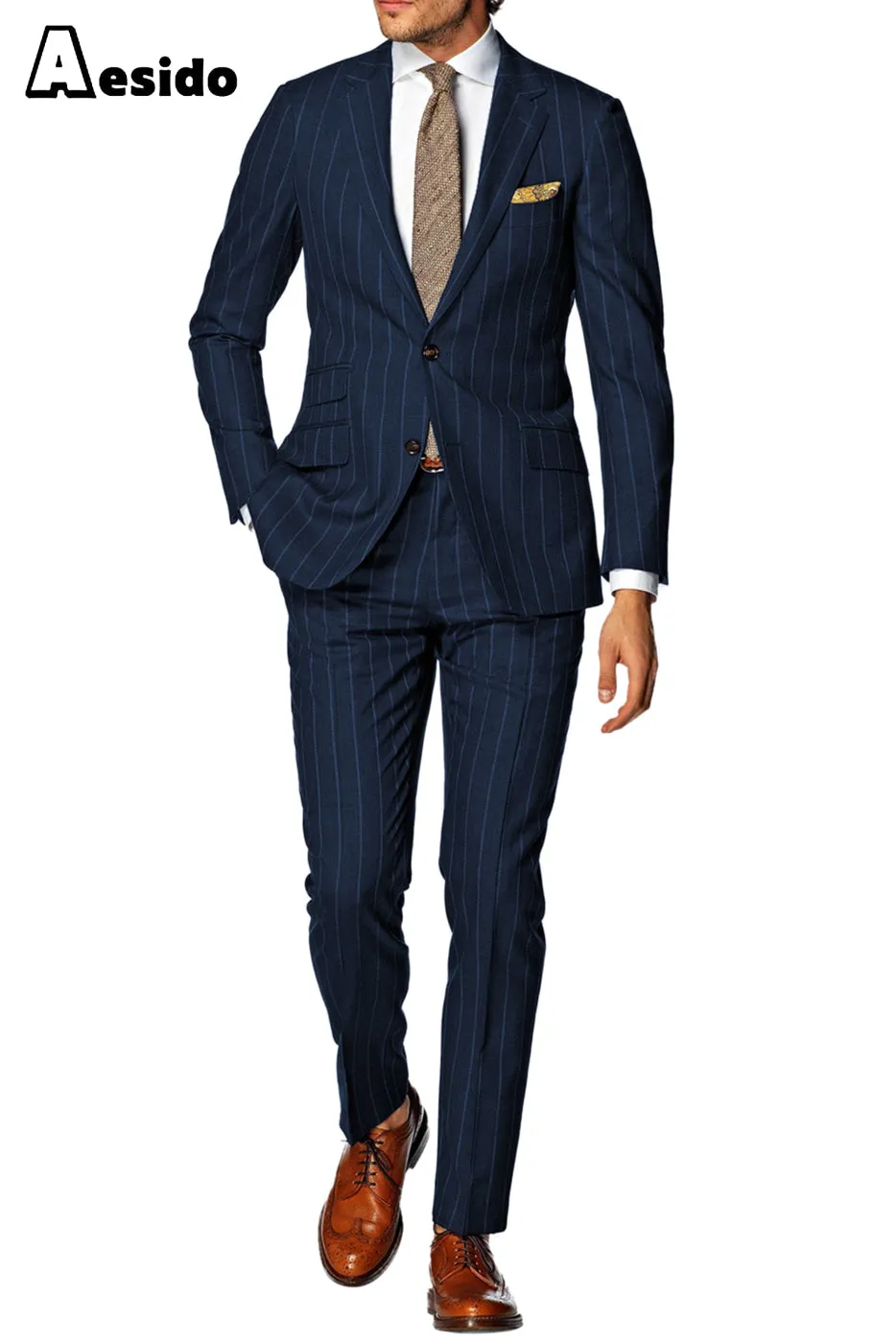 2 Piece Double Button Notch Lapel Multi Pocket Striped Men's Suit (Blazer Pants)