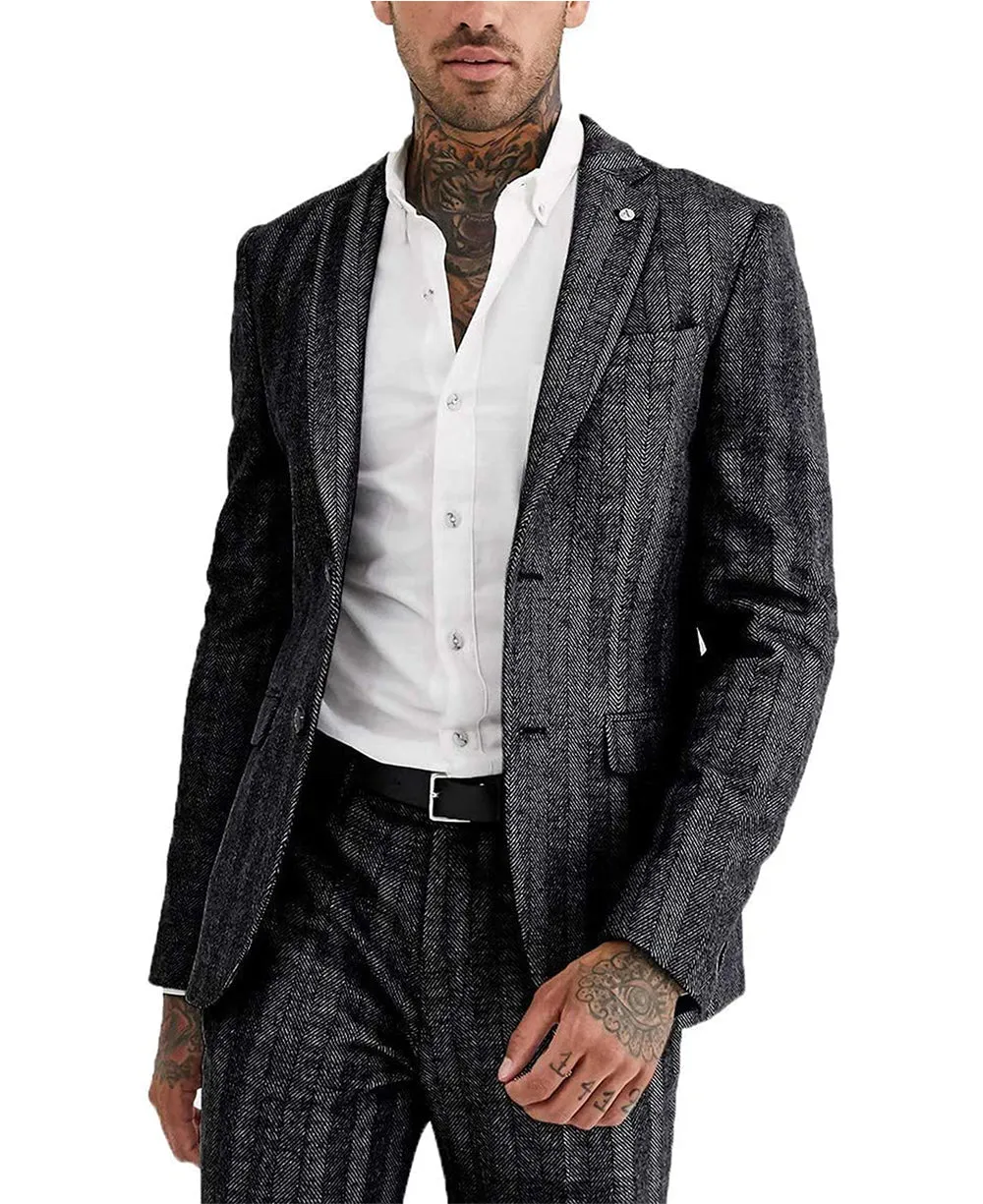 2 Pieces Mens Suit Herringbone Notch Lapel Blazer For Wedding (Blazer Pants)