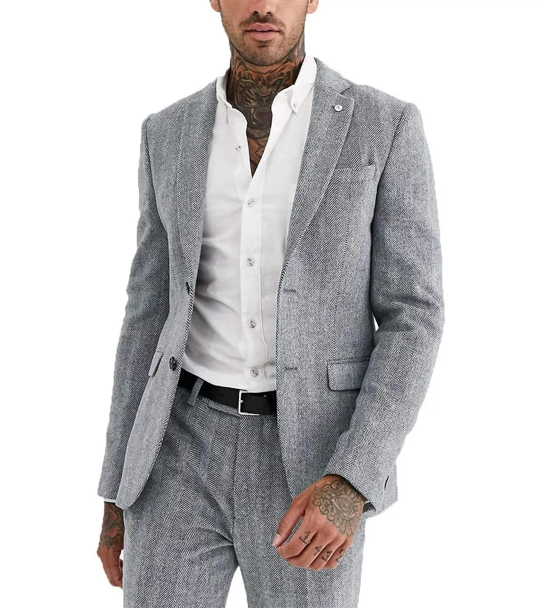 2 Pieces Mens Suit Herringbone Notch Lapel Blazer For Wedding (Blazer Pants)