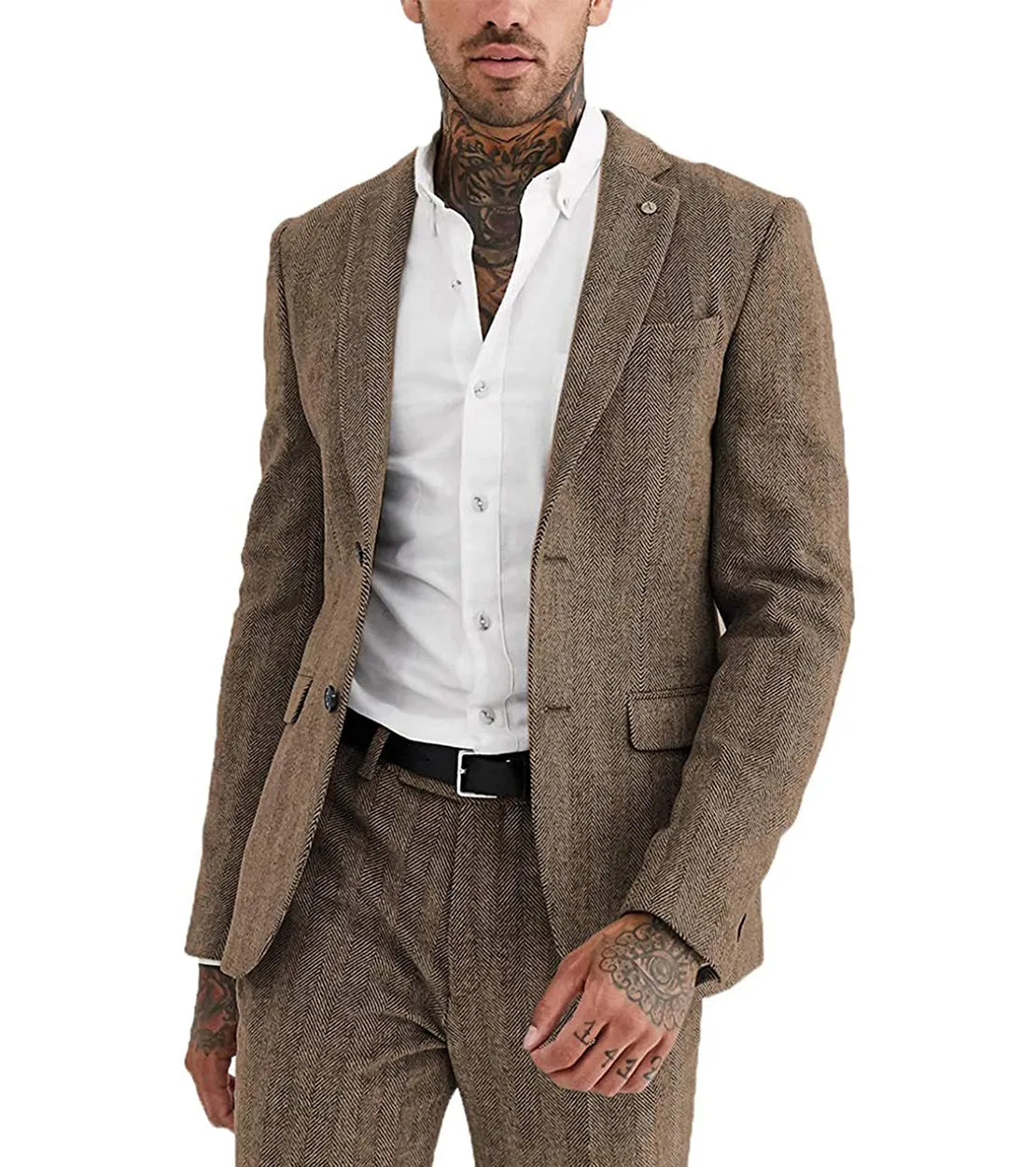 2 Pieces Mens Suit Herringbone Notch Lapel Blazer For Wedding (Blazer Pants)