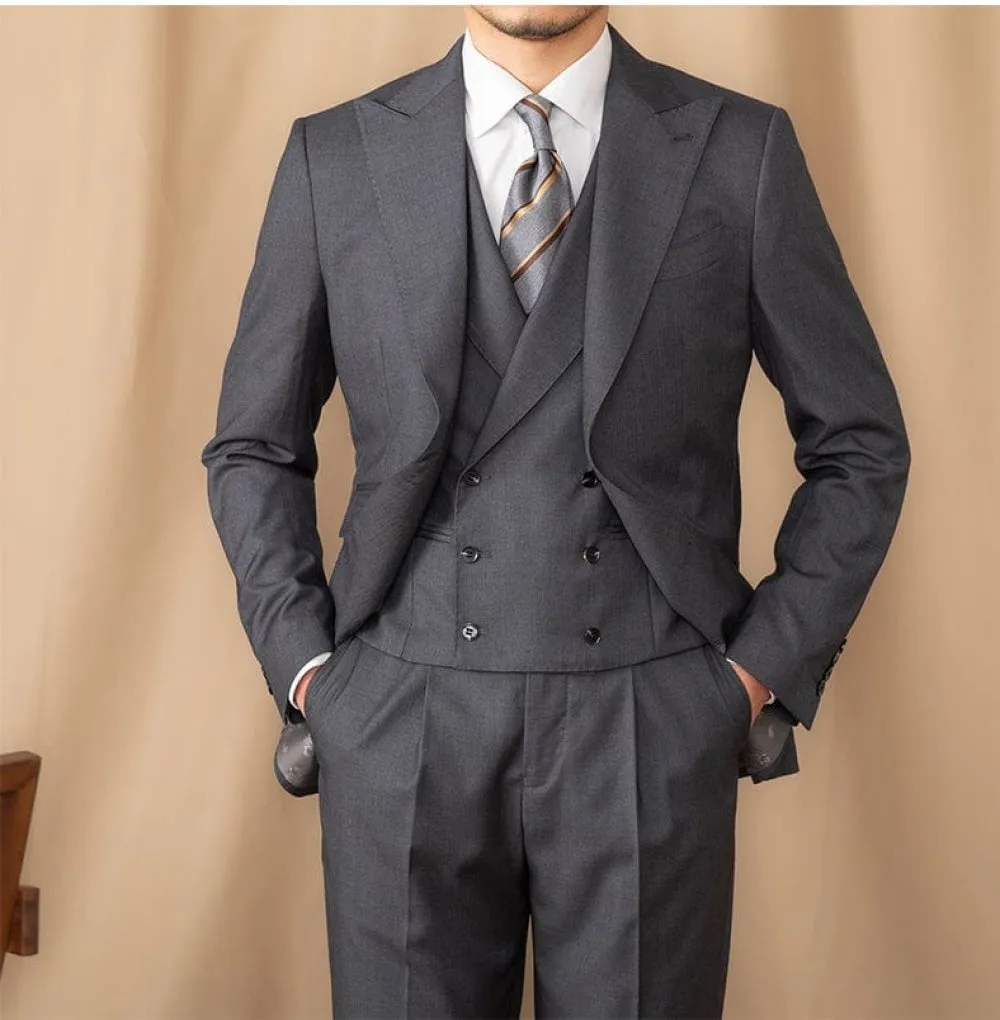 3 Piece Grey Business Casual Peak Lapel Double Vented Men's Suit (Blazer Vest Pants)