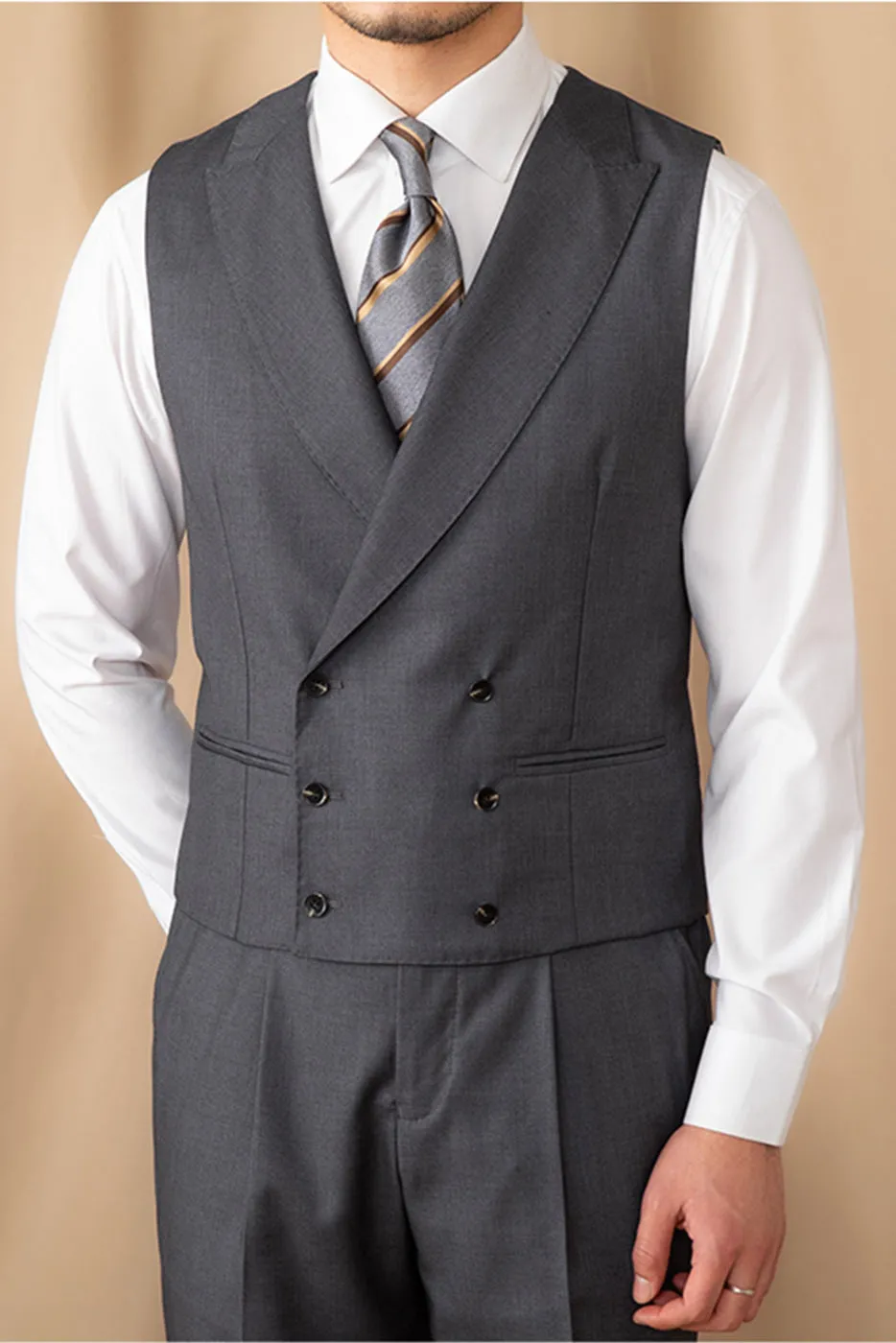 3 Piece Grey Business Casual Peak Lapel Double Vented Men's Suit (Blazer Vest Pants)