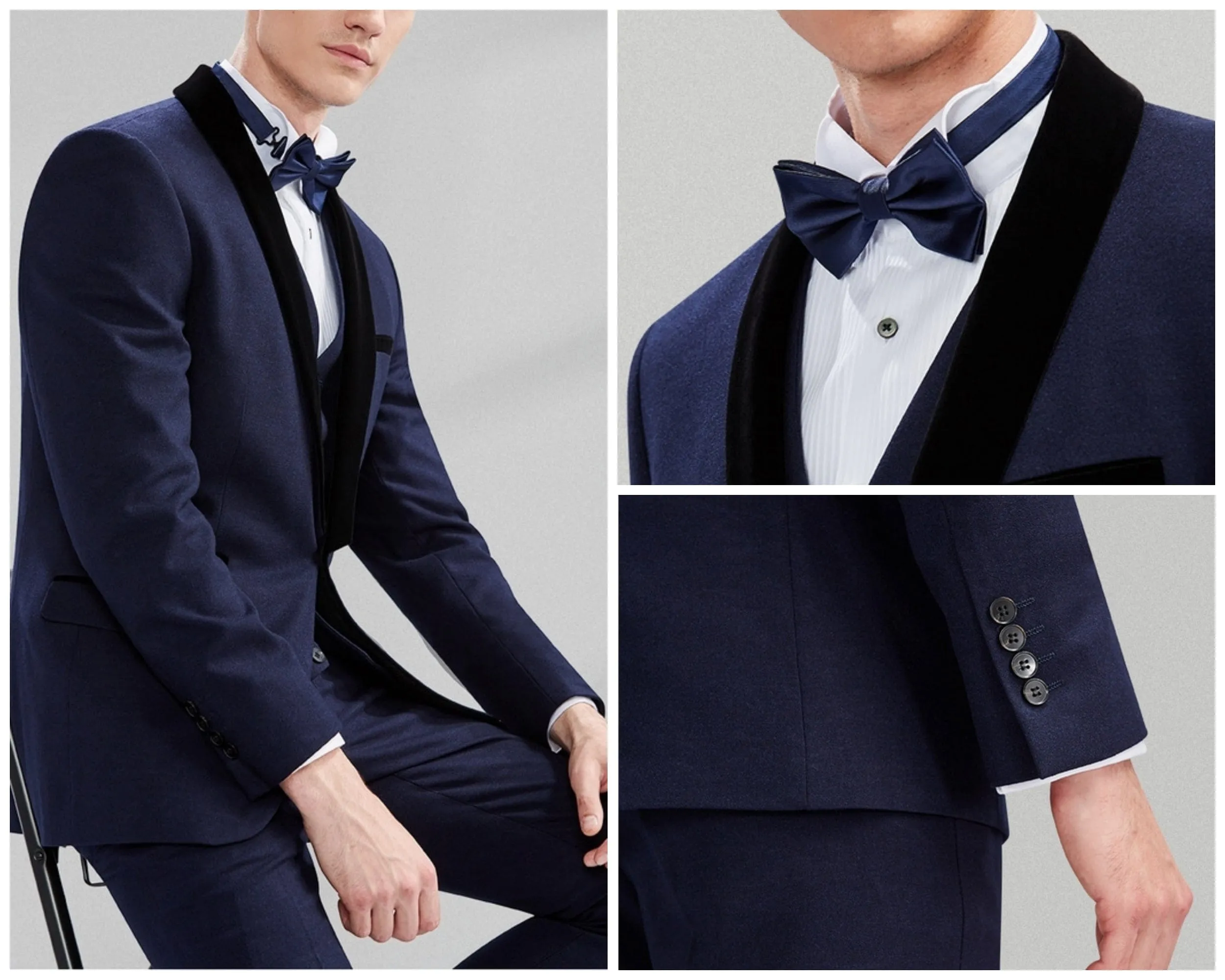 3 Piece Navy Tuxedo Single Buttons Shawl Lapel Men's Suit For Wedding (Blazer Vest Pants)