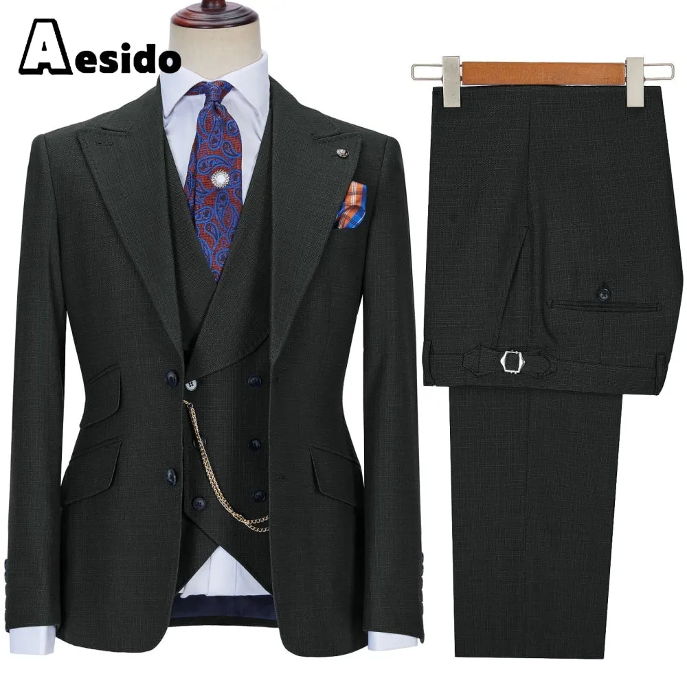 3 Pieces Business Mens Suit Slim Fit Peak Lapel Flat Blazer For Wedding (Blazer vest Pants)