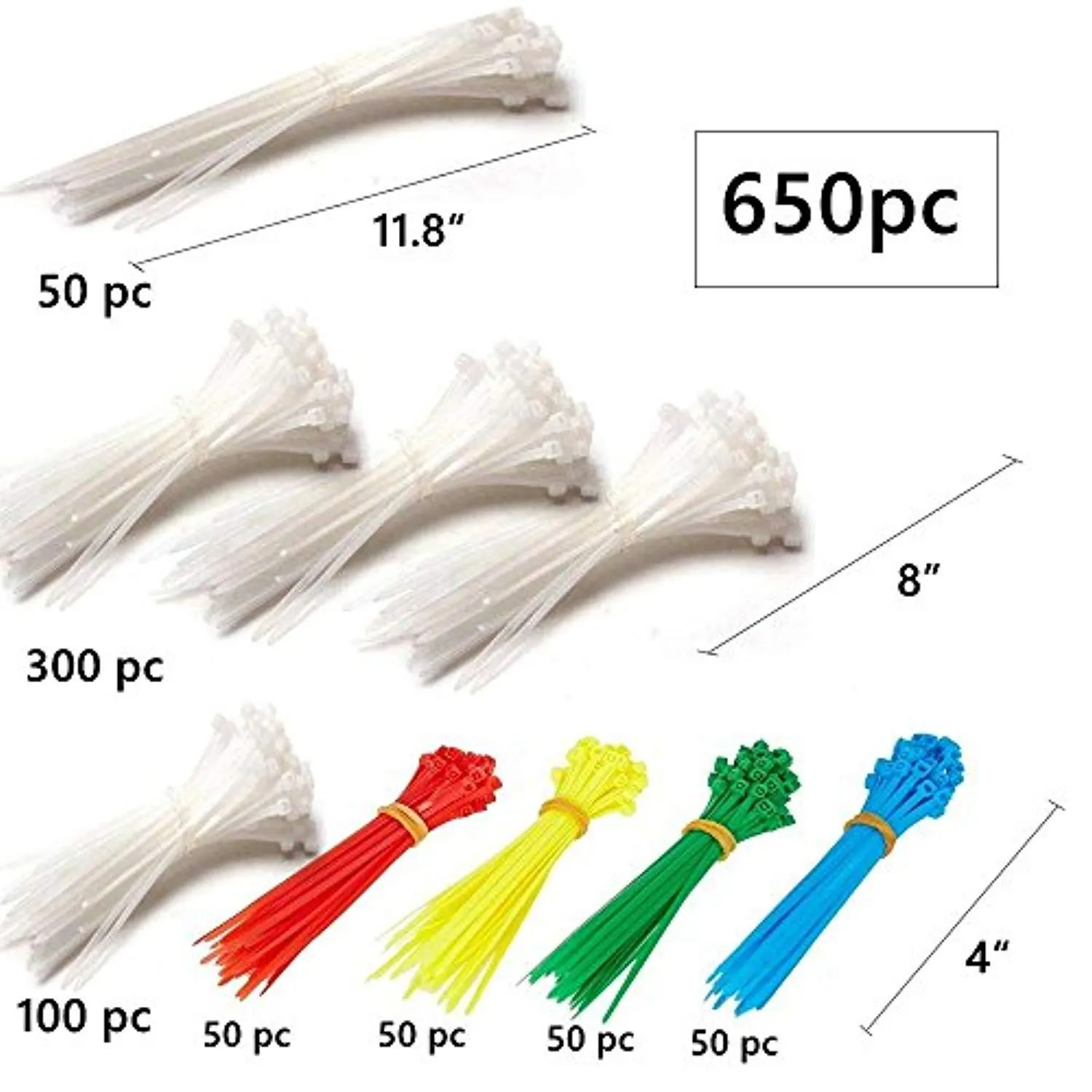 650 pc Nylon Zip Ties Cable Wire Ties Adjustable Self-Locking Multi-Color for Home, Outdoor, Office