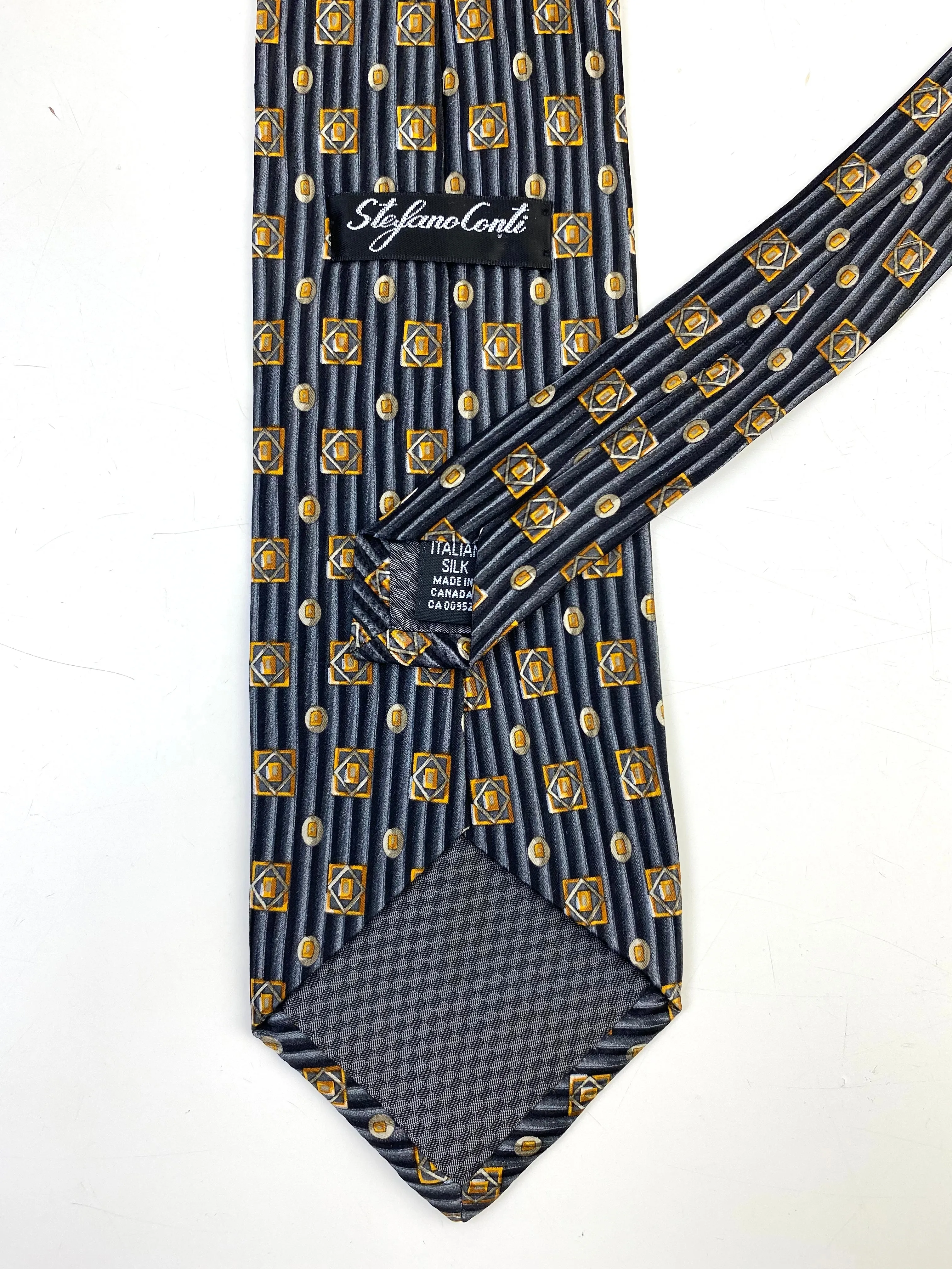 90s Deadstock Silk Necktie, Men's Vintage Grey/ Gold Foulard Pattern Tie, NOS