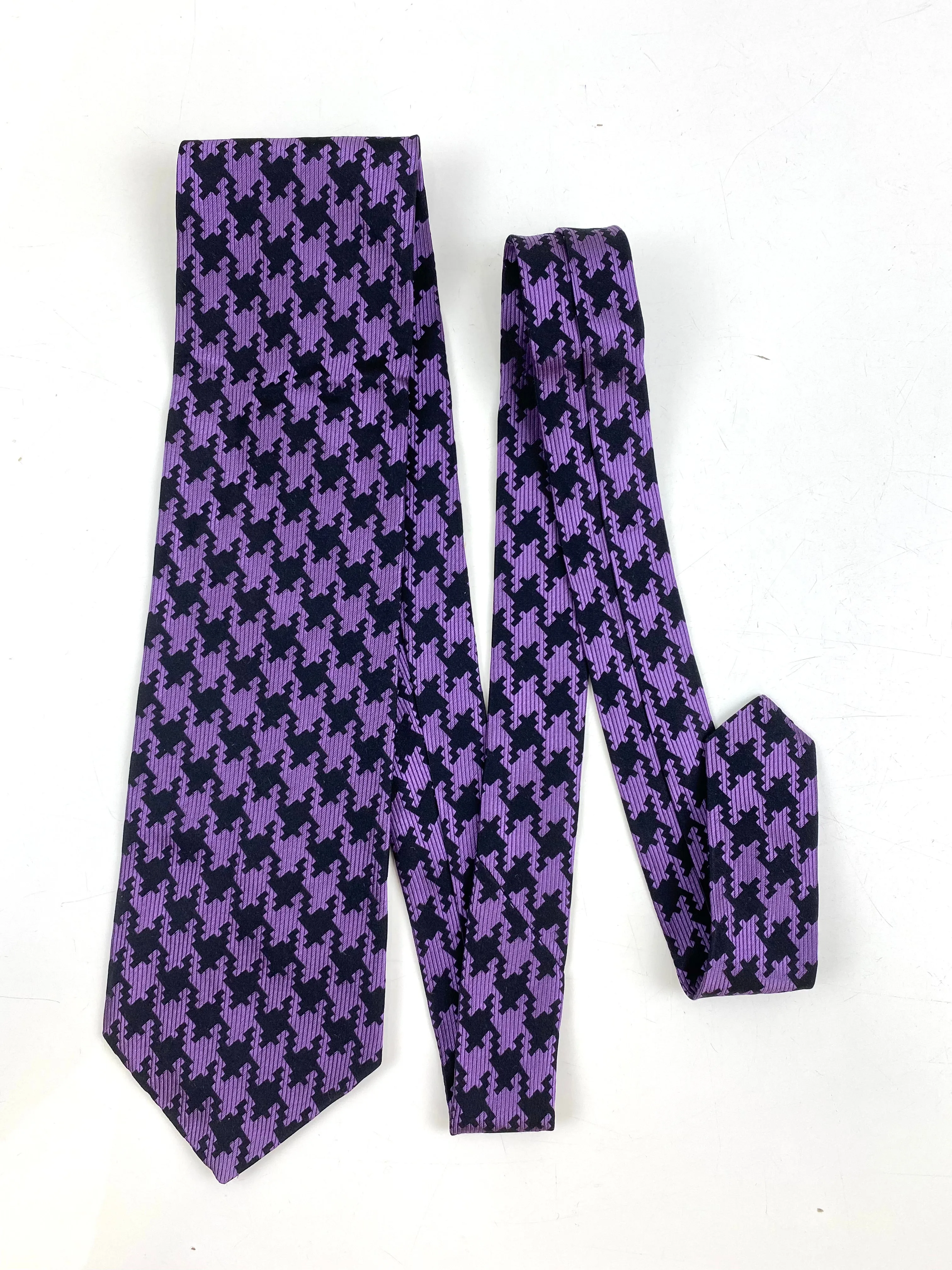 90s Deadstock Silk Necktie, Men's Vintage Purple/ Black Houndstooth Pattern Tie, NOS