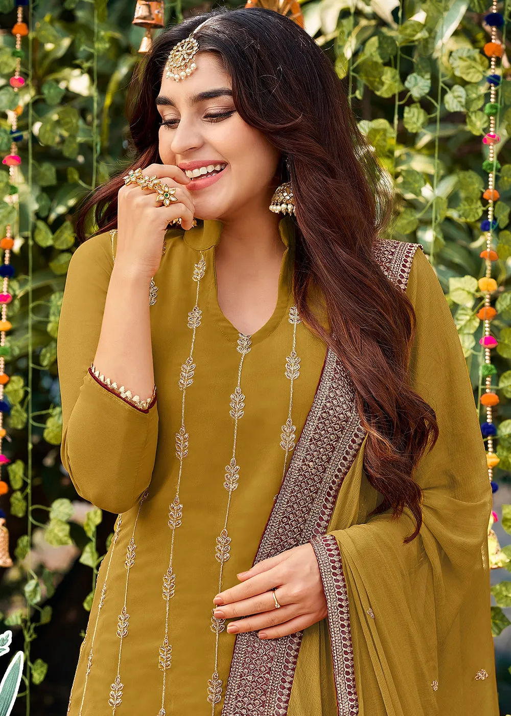 Adorable Mustard Georgette Embroidered Wedding Festive Salwar Suit