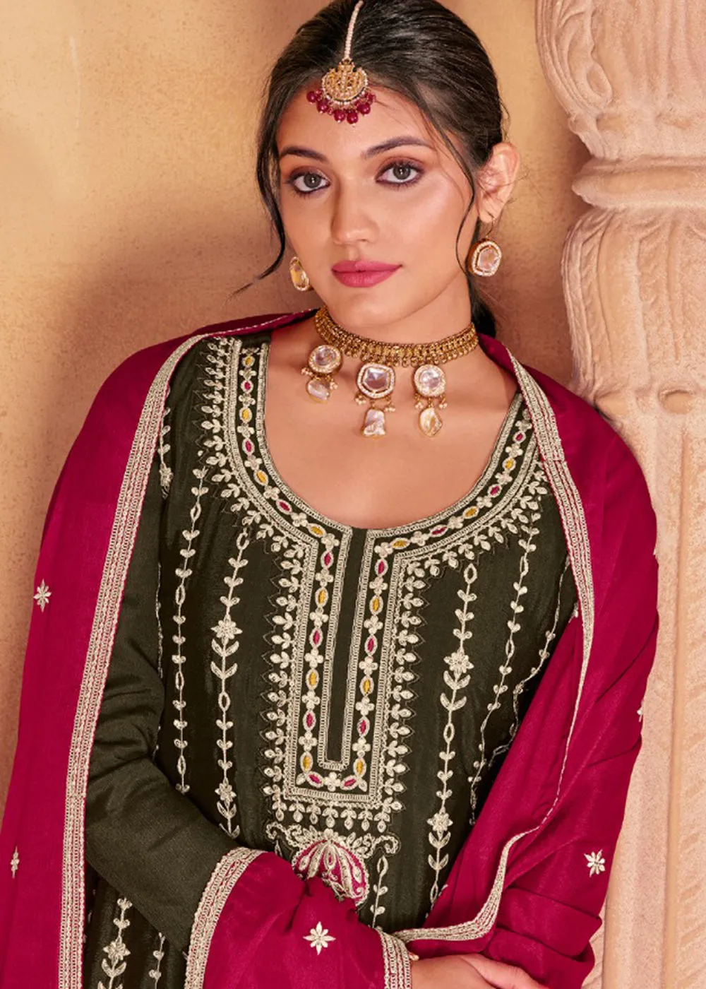 Amazing Green Heavy Chinnon Embroidered Palazzo Style Suit