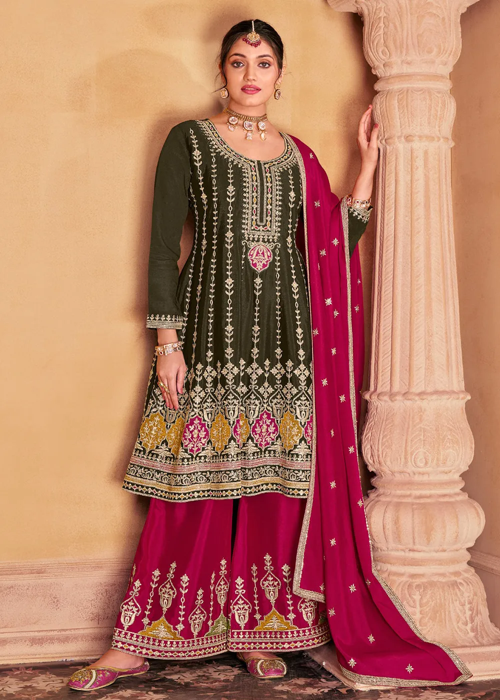 Amazing Green Heavy Chinnon Embroidered Palazzo Style Suit