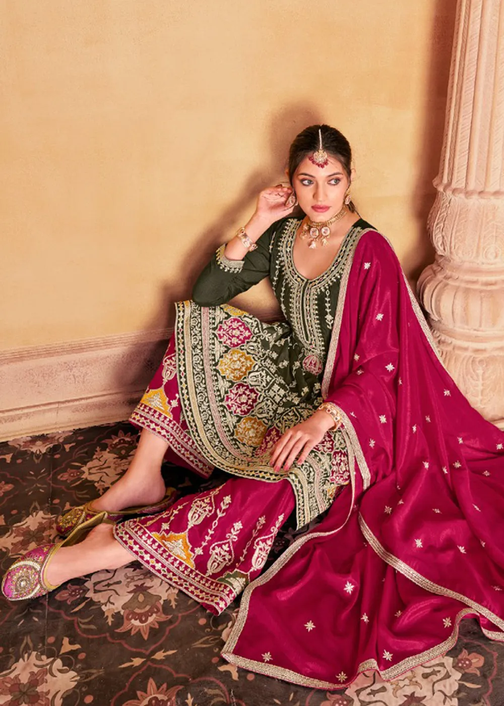 Amazing Green Heavy Chinnon Embroidered Palazzo Style Suit