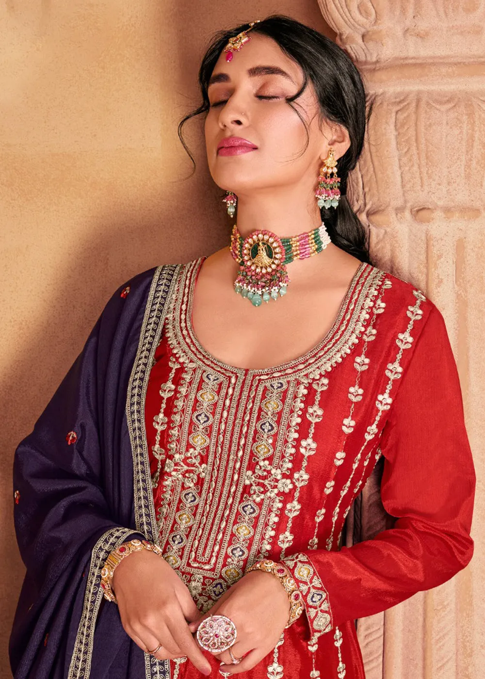 Amazing Red Heavy Chinnon Embroidered Palazzo Style Suit