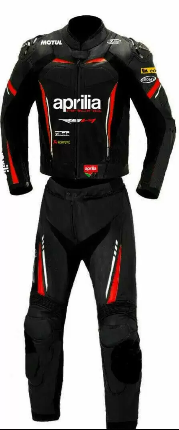 APRILIA RSV4 MEN MOTORCYCLE BLACK LEATHER RACING SUIT