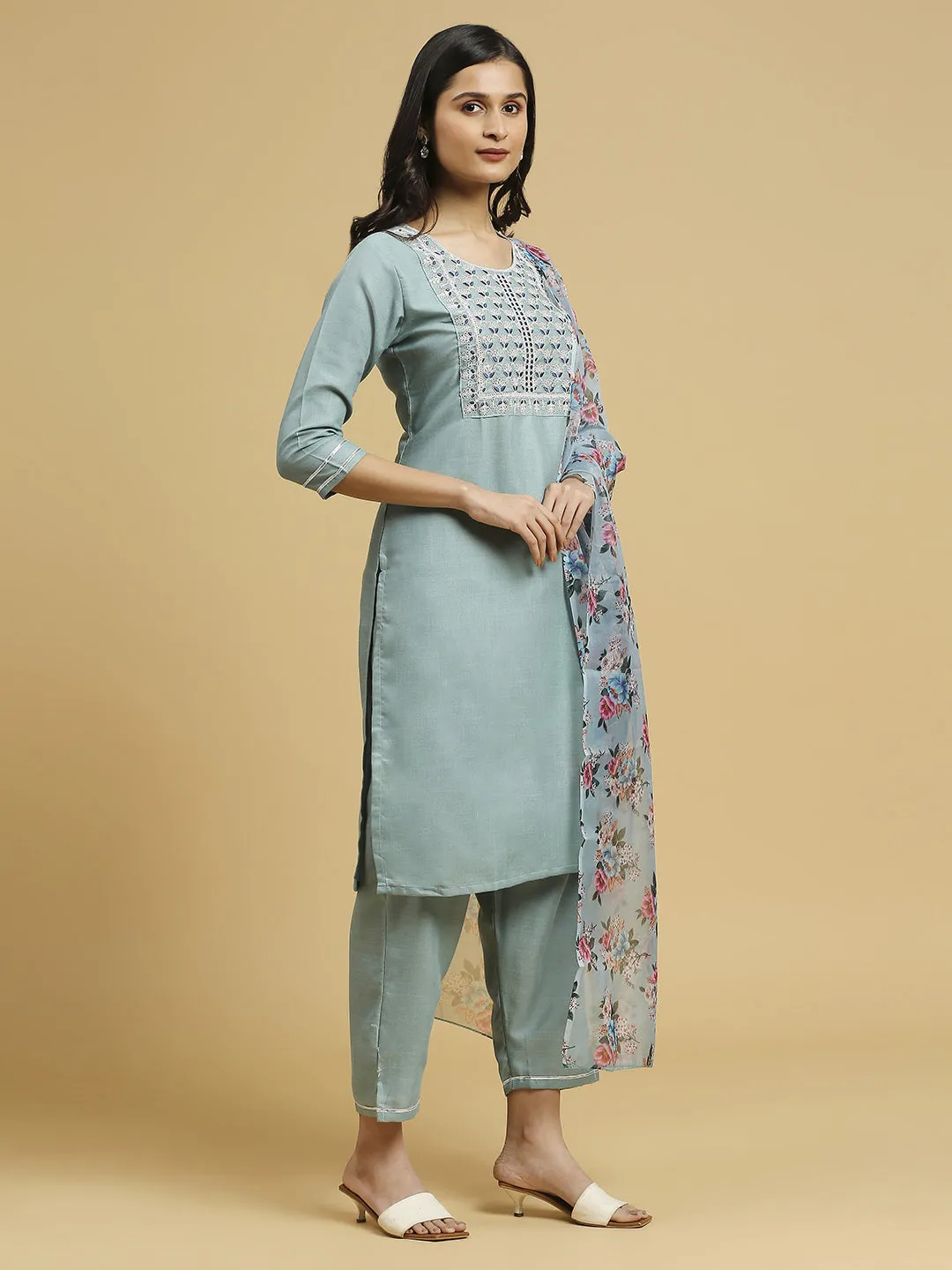 Aqua Blue Trendy Designer Readymade Cotton Pant Suit With Floral Printed Work