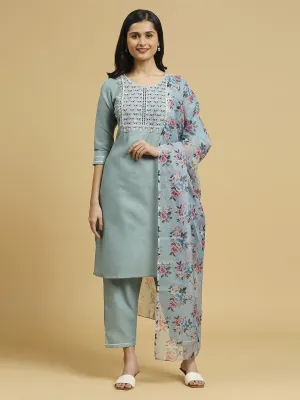 Aqua Blue Trendy Designer Readymade Cotton Pant Suit With Floral Printed Work