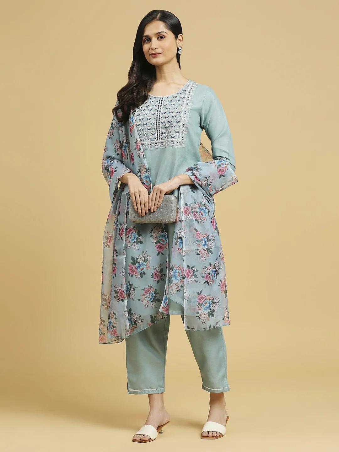 Aqua Blue Trendy Designer Readymade Cotton Pant Suit With Floral Printed Work