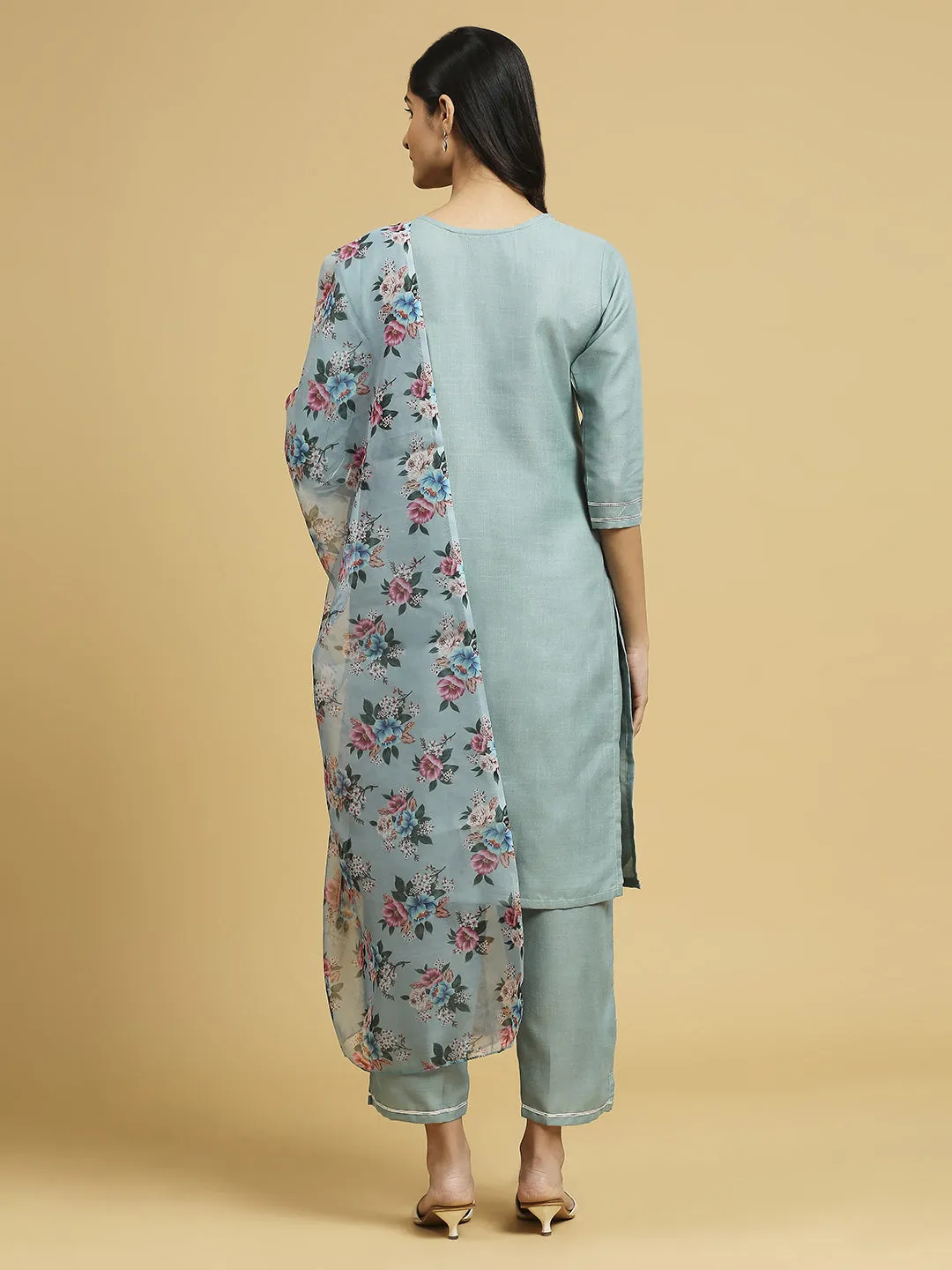 Aqua Blue Trendy Designer Readymade Cotton Pant Suit With Floral Printed Work