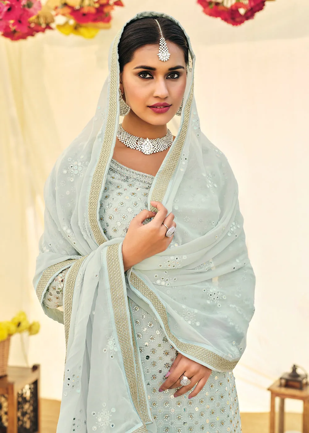 Aqua Blue Zari & Mirror Embroidered Festive Sharara Suit