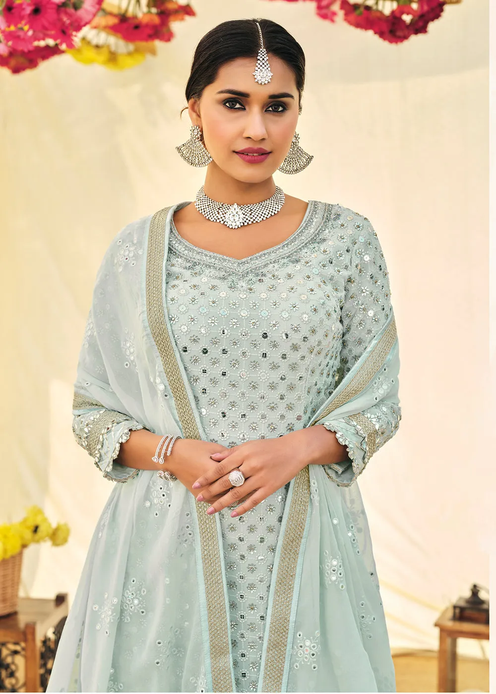 Aqua Blue Zari & Mirror Embroidered Festive Sharara Suit