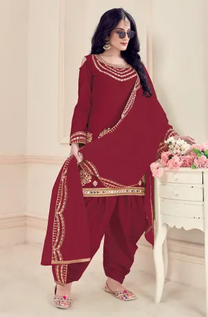 Art Silk Maroon Embroidered Punjabi Patiala Suit