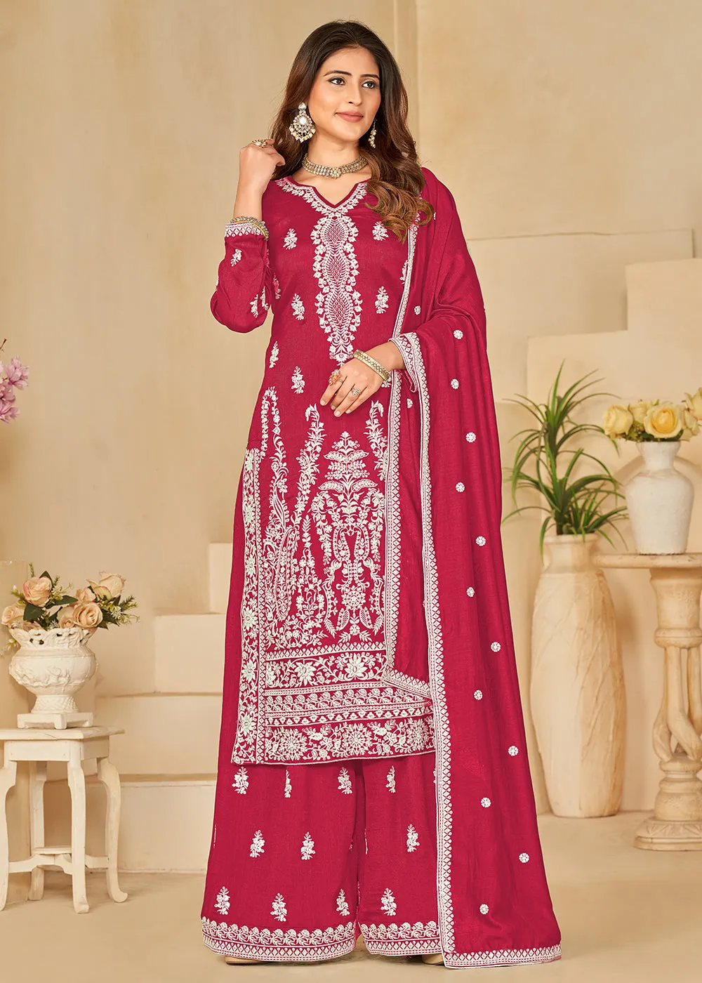 Art Silk Pretty Pink Embroidered Palazzo Style Suit