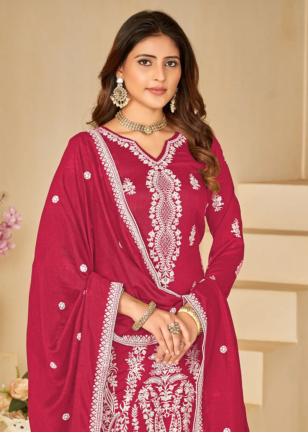 Art Silk Pretty Pink Embroidered Palazzo Style Suit