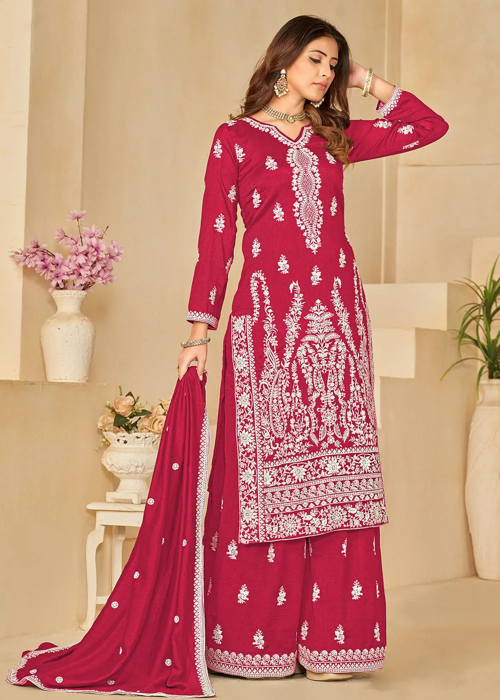 Art Silk Pretty Pink Embroidered Palazzo Style Suit