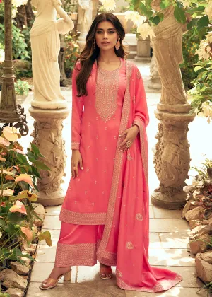 Art Silk Stunning Peach Embroidered Festive Palazzo Suit