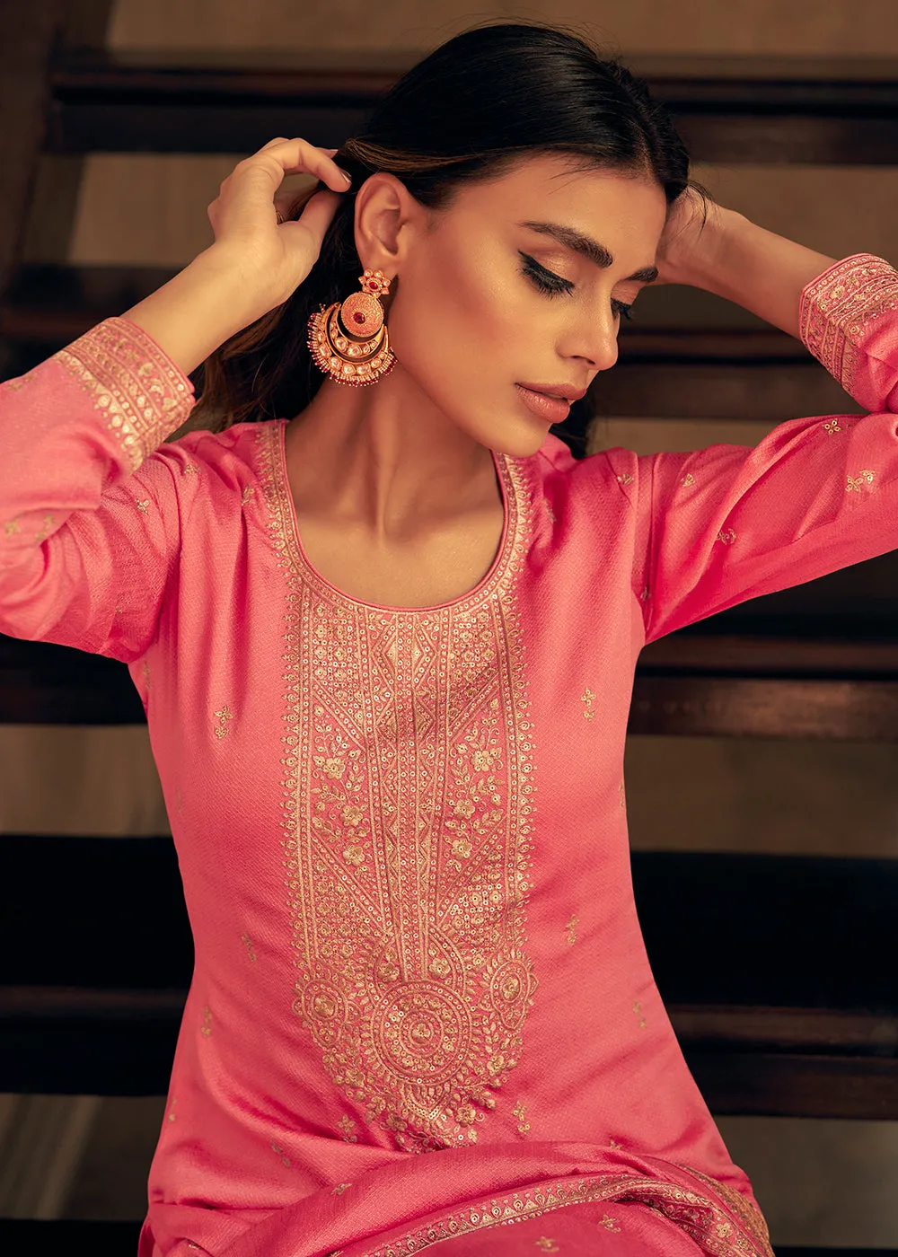 Art Silk Stunning Peach Embroidered Festive Palazzo Suit