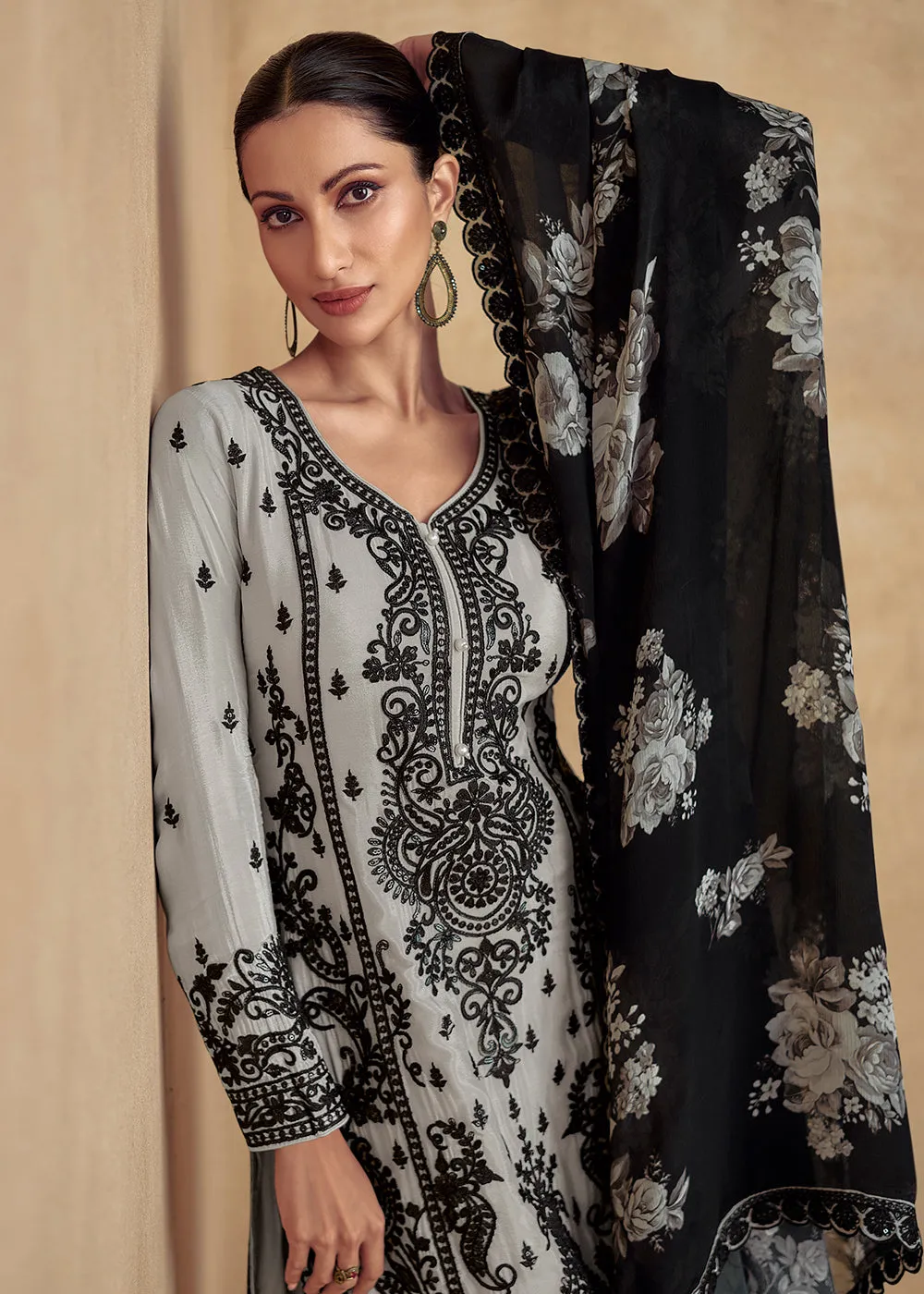 Ash Grey Embroidered Lucknowi Style Palazzo Suit