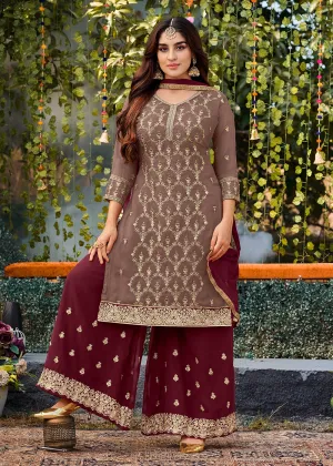 Attractive Beige Georgette Embroidered Wedding Festive Salwar Suit