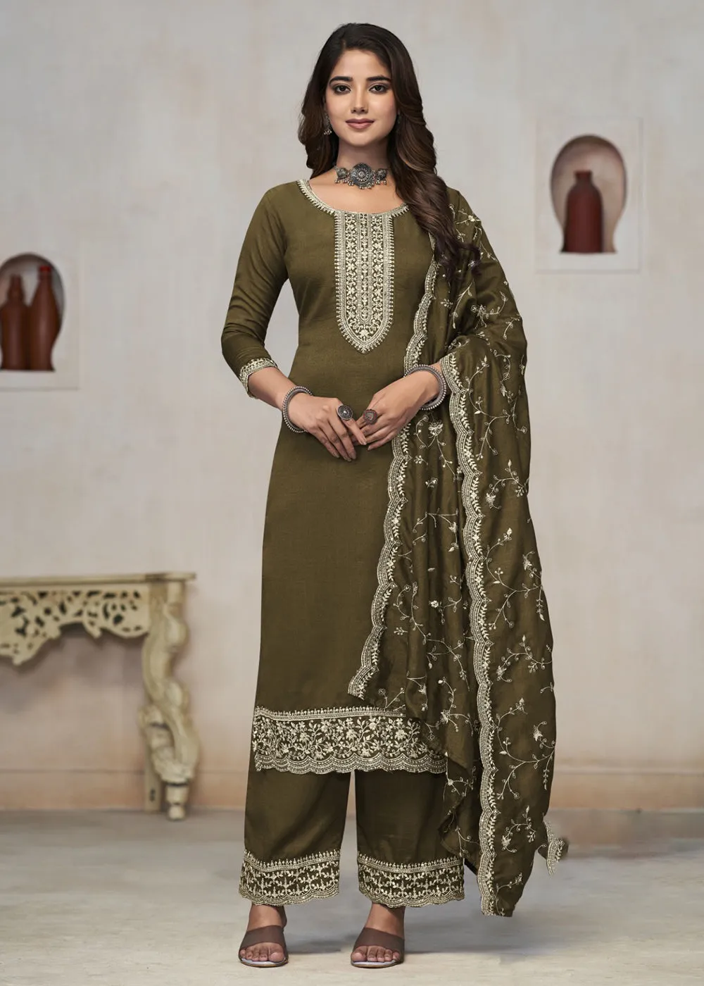 Beautiful Green Vichitra Silk Fancy Salwar Suit