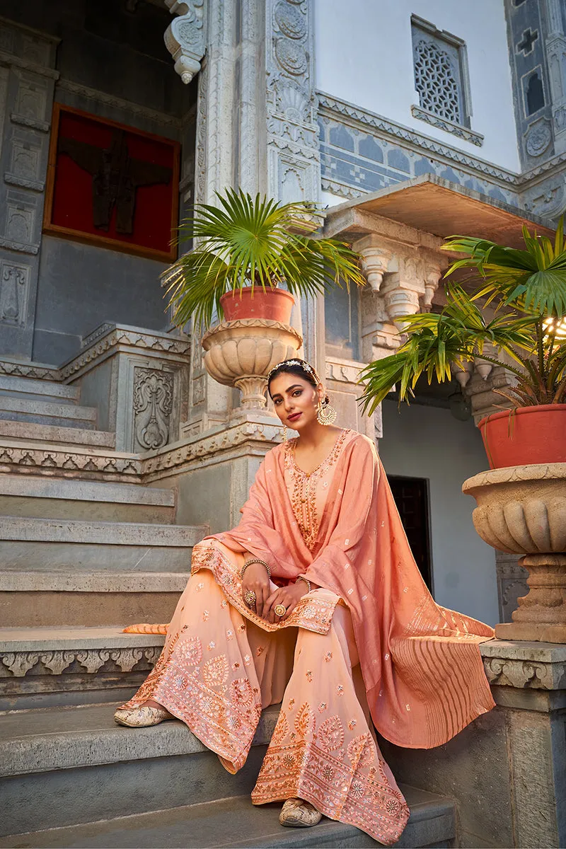 Beautiful Light Peach Georgette Festive Designer Sharara Suit