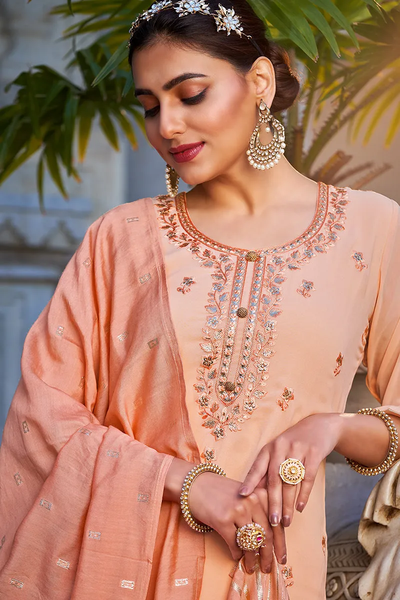 Beautiful Light Peach Georgette Festive Designer Sharara Suit