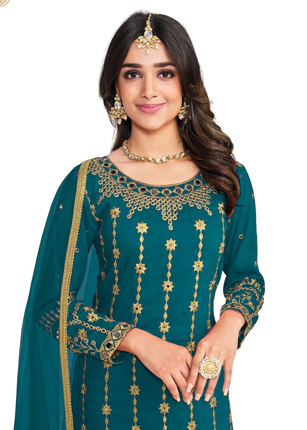 Beautiful Mirror Work Teal Silk Festive Salwar Suit