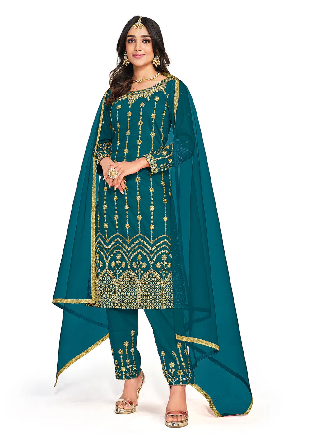 Beautiful Mirror Work Teal Silk Festive Salwar Suit