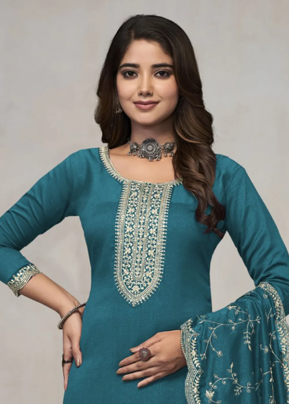 Beautiful Turquoise Vichitra Silk Fancy Salwar Suit