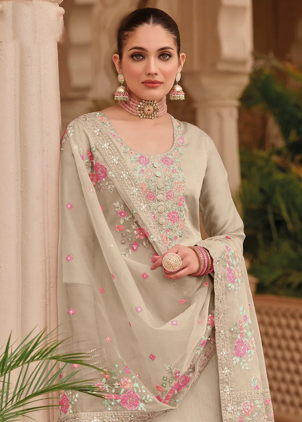 Beige Maheshwari Silk Embroidered Festive Salwar Suit