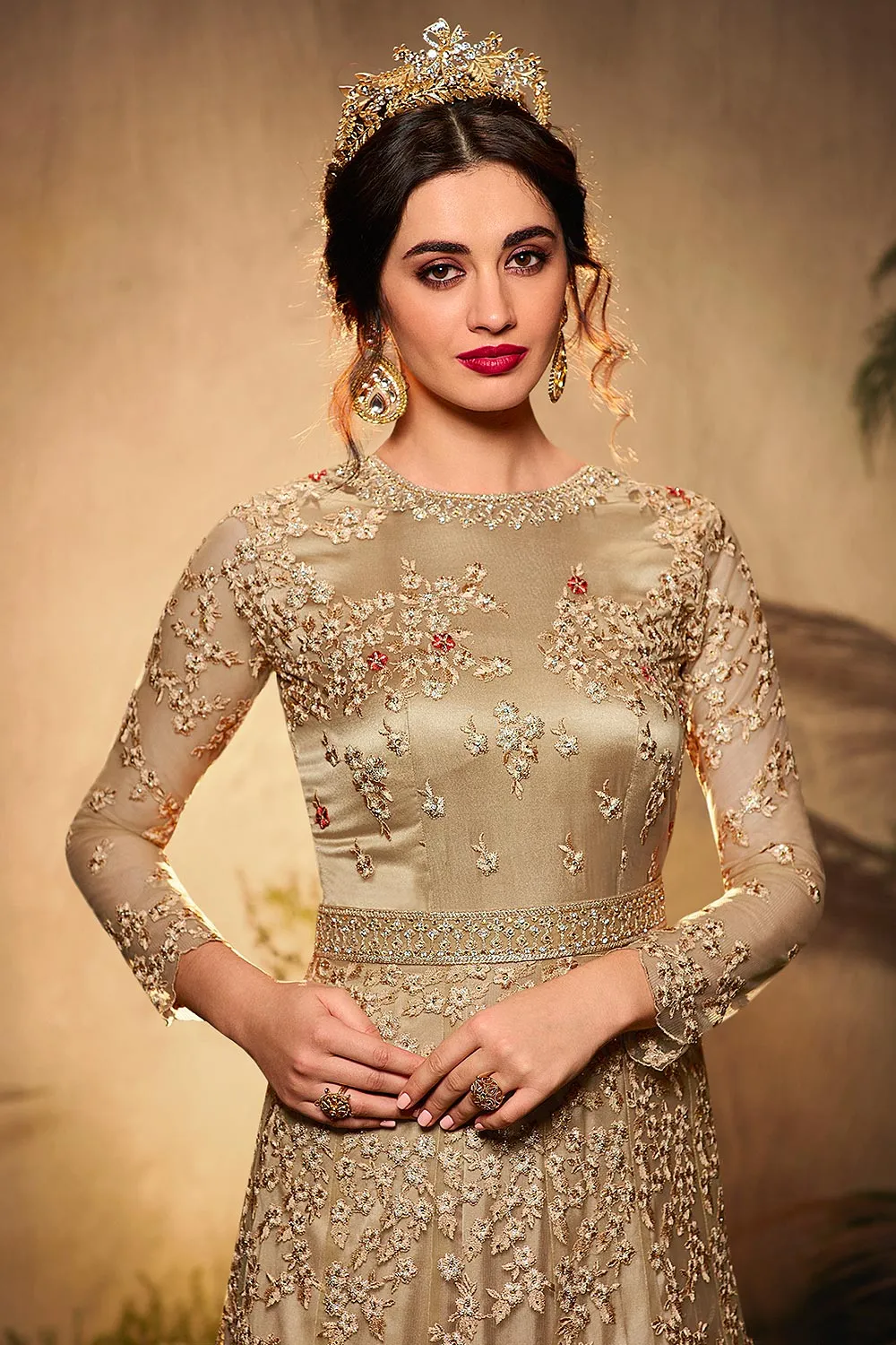 Beige Resham Embroidered Net Anarkali Suit