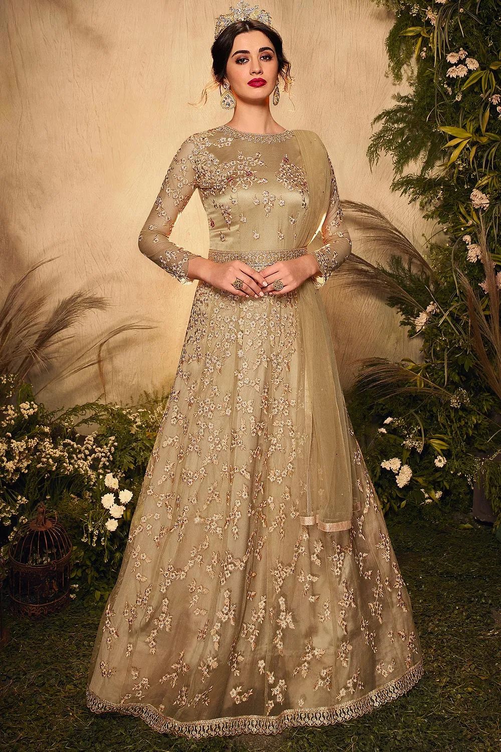 Beige Resham Embroidered Net Anarkali Suit