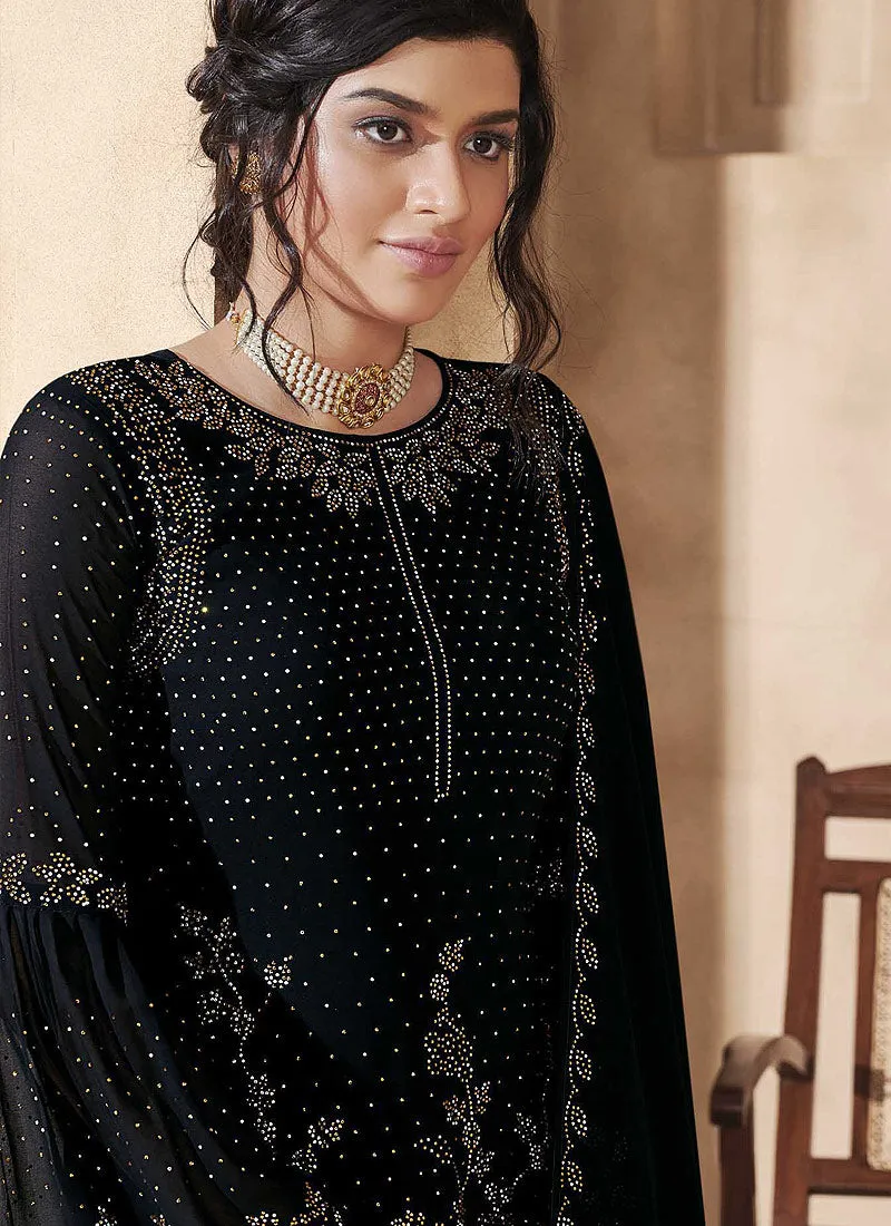 Black All Over Crystal Embroidered Palazzo Suit