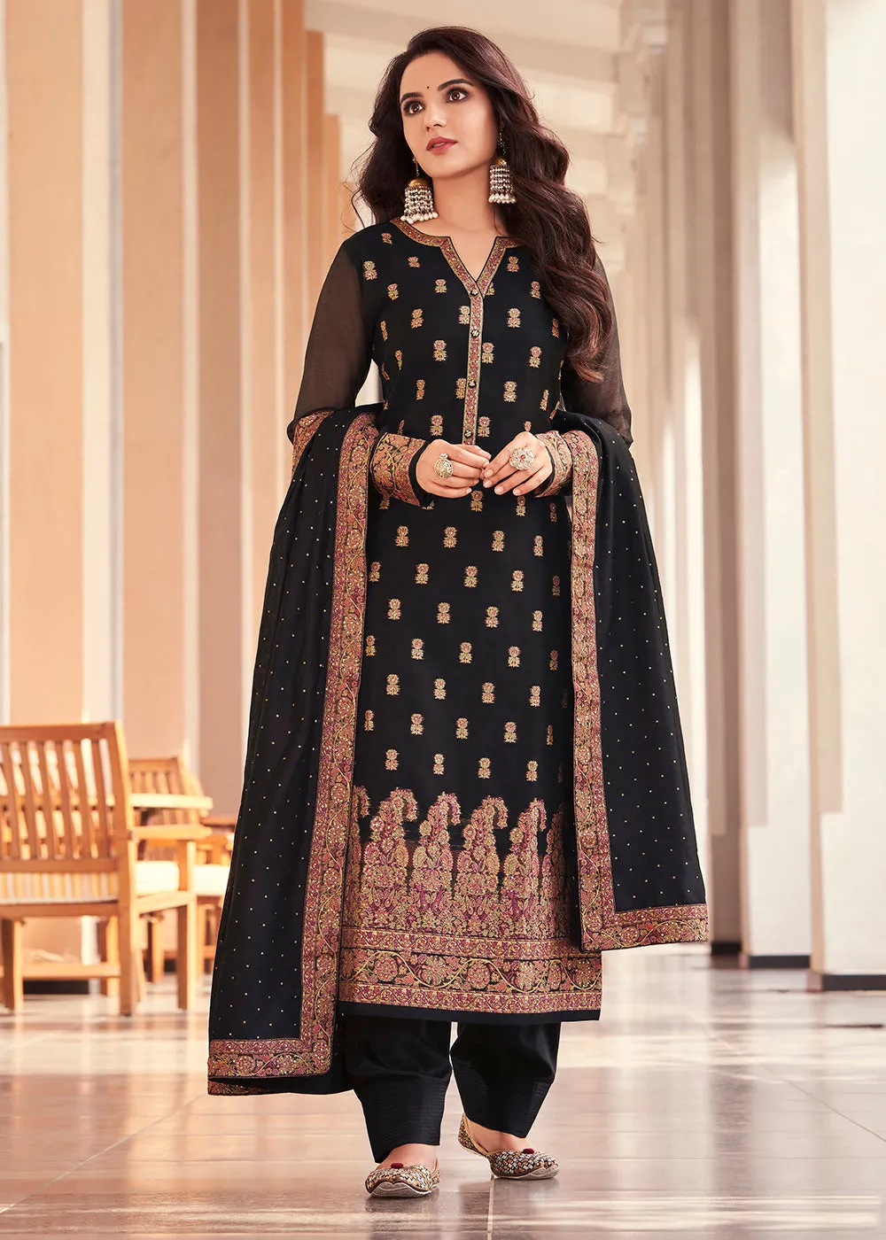 Black Jacquard Embordered Festive Pant Salwar Suit