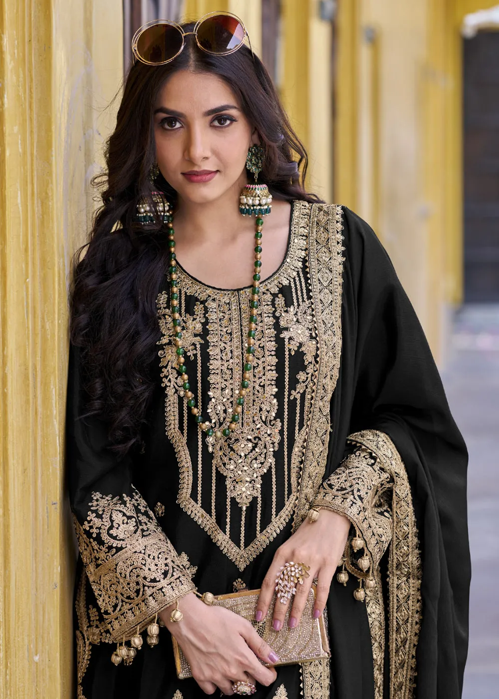 Black Semi Pure Chinnon Embroidered Wedding Palazzo Suit