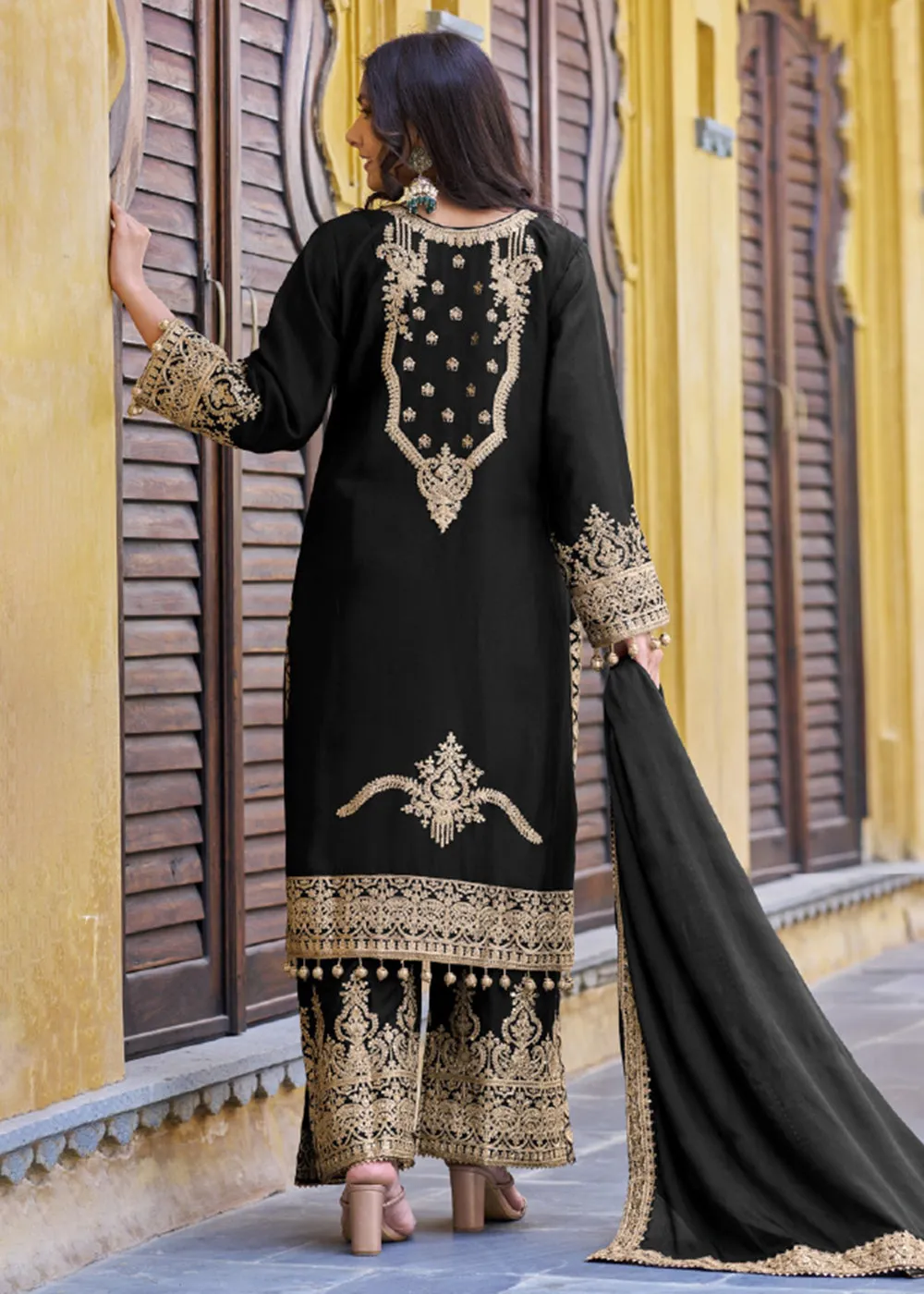 Black Semi Pure Chinnon Embroidered Wedding Palazzo Suit