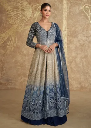 Blue & Beige Ombre Slit Georgette Skirt Style Anakali Suit