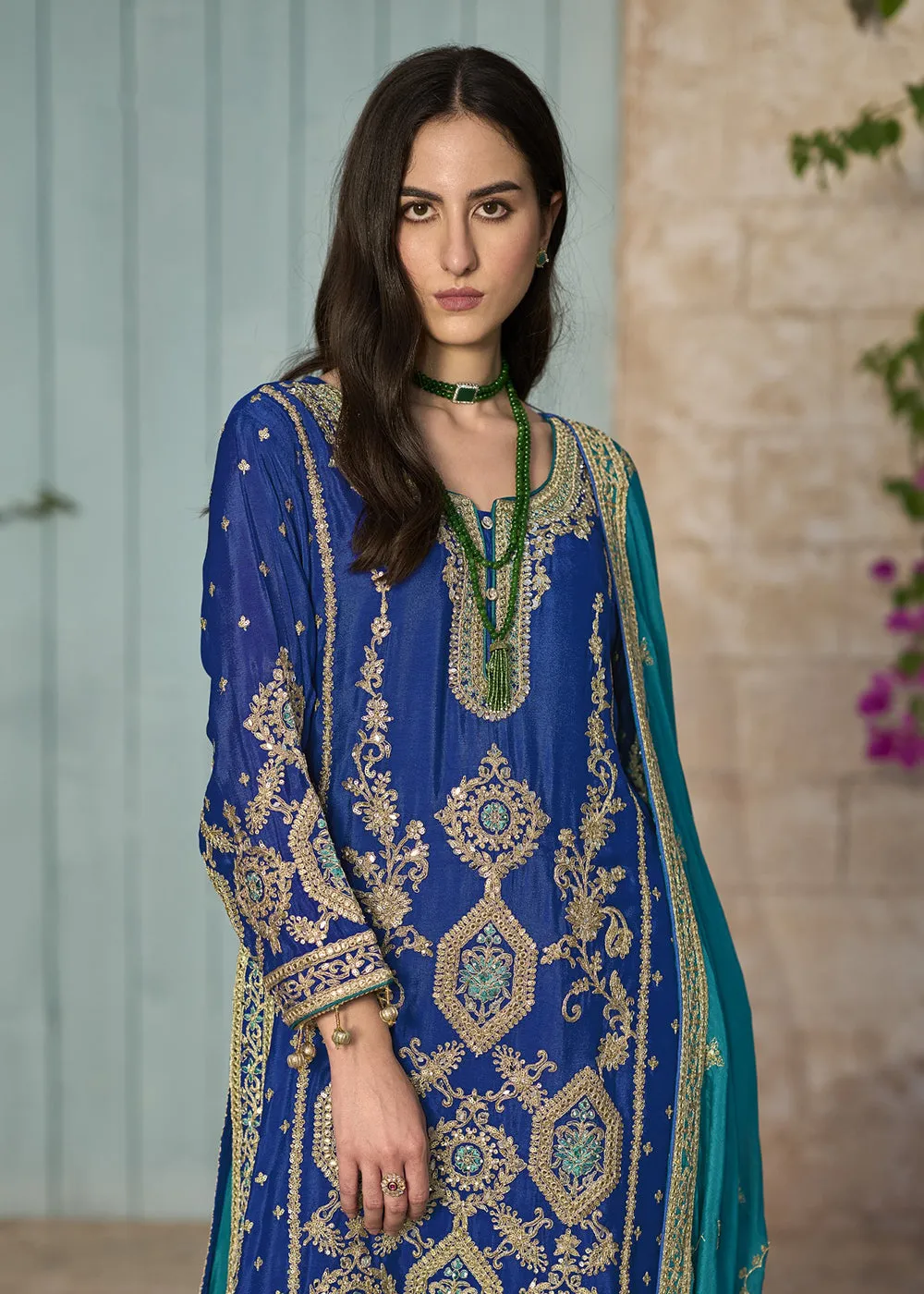 Blue & Teal Pure Chinnon Embroidered Afghani Style Dress