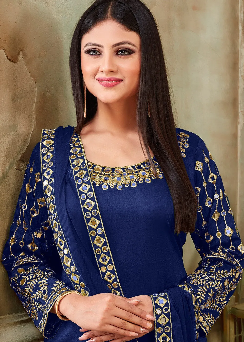 Blue Art Silk Mirror Work Patiala Suit