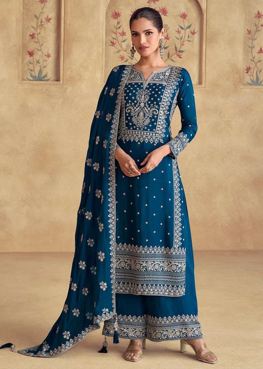 Blue Embroidered Chinnon Silk Designer Salwar Suit